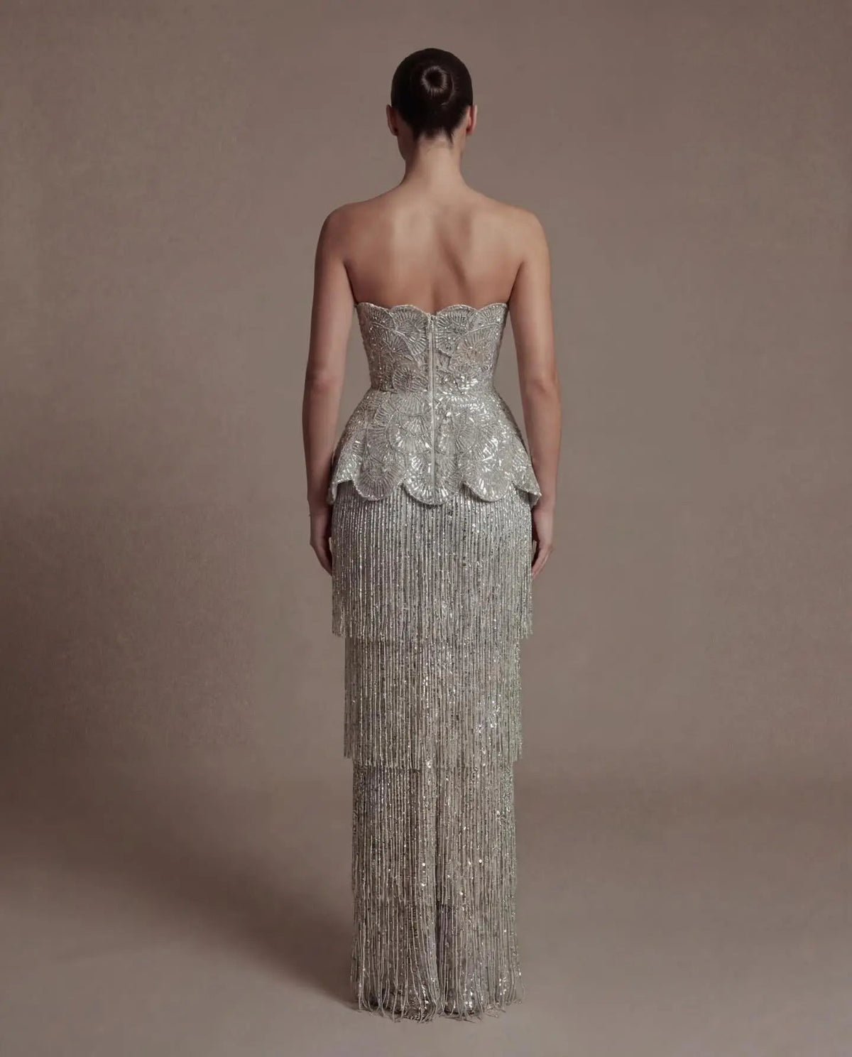 Gray Strapless Mermaid Luxury Beaded Sequins Tassels Skirt Evening Dress SS370
