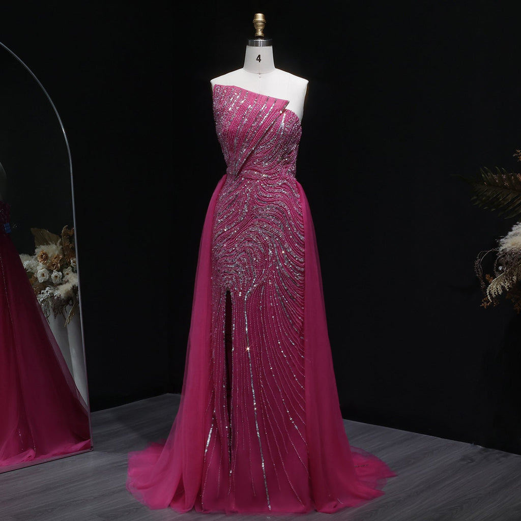 Luxury Fuchsia High Slit Evening Dress with Overskirt SS372