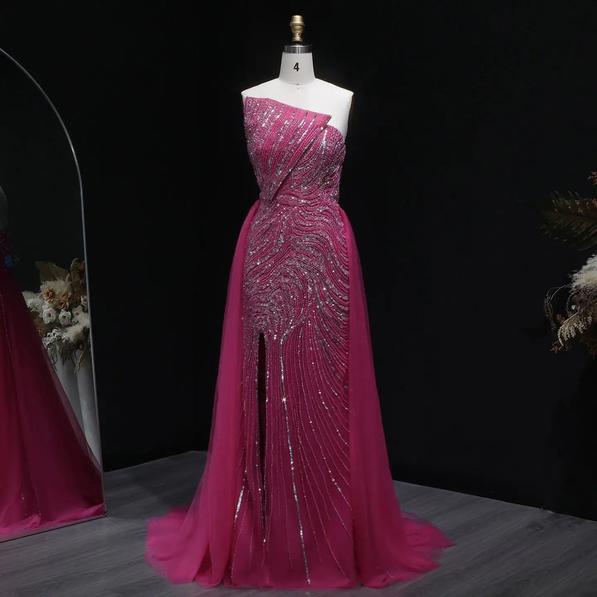 Luxury Dubai Fuchsia Evening Dress with Overskirt Slit SS372