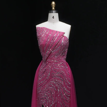 Luxury Dubai Fuchsia Evening Dress with Overskirt Slit SS372