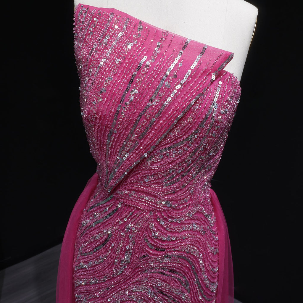 Luxury Fuchsia High Slit Evening Dress with Overskirt SS372