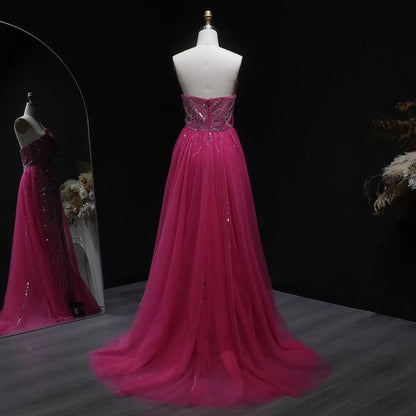 Luxury Dubai Fuchsia Evening Dress with Overskirt Slit SS372