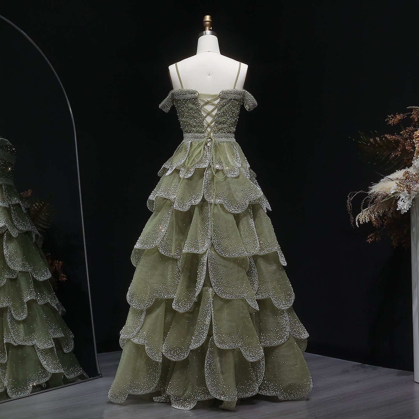 Elegant Green Layered Ruffle Beaded Evening Dress SS385