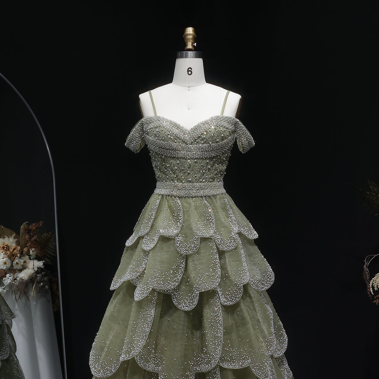 Elegant Green Layered Ruffle Beaded Evening Dress SS385