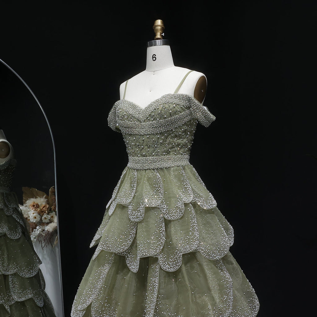 Elegant Green Layered Ruffle Beaded Evening Dress SS385