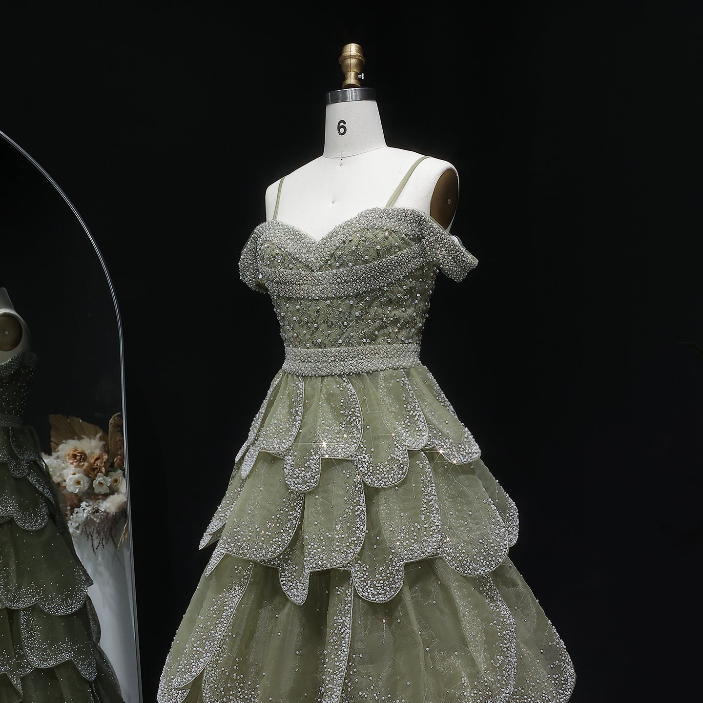 Elegant Green Layered Ruffle Beaded Evening Dress SS385