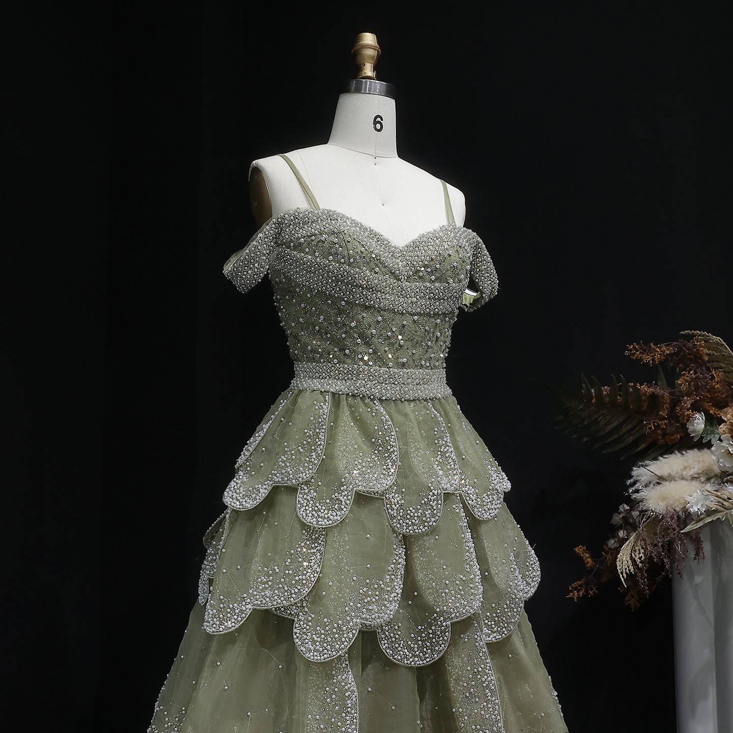 Elegant Green Layered Ruffle Beaded Evening Dress SS385