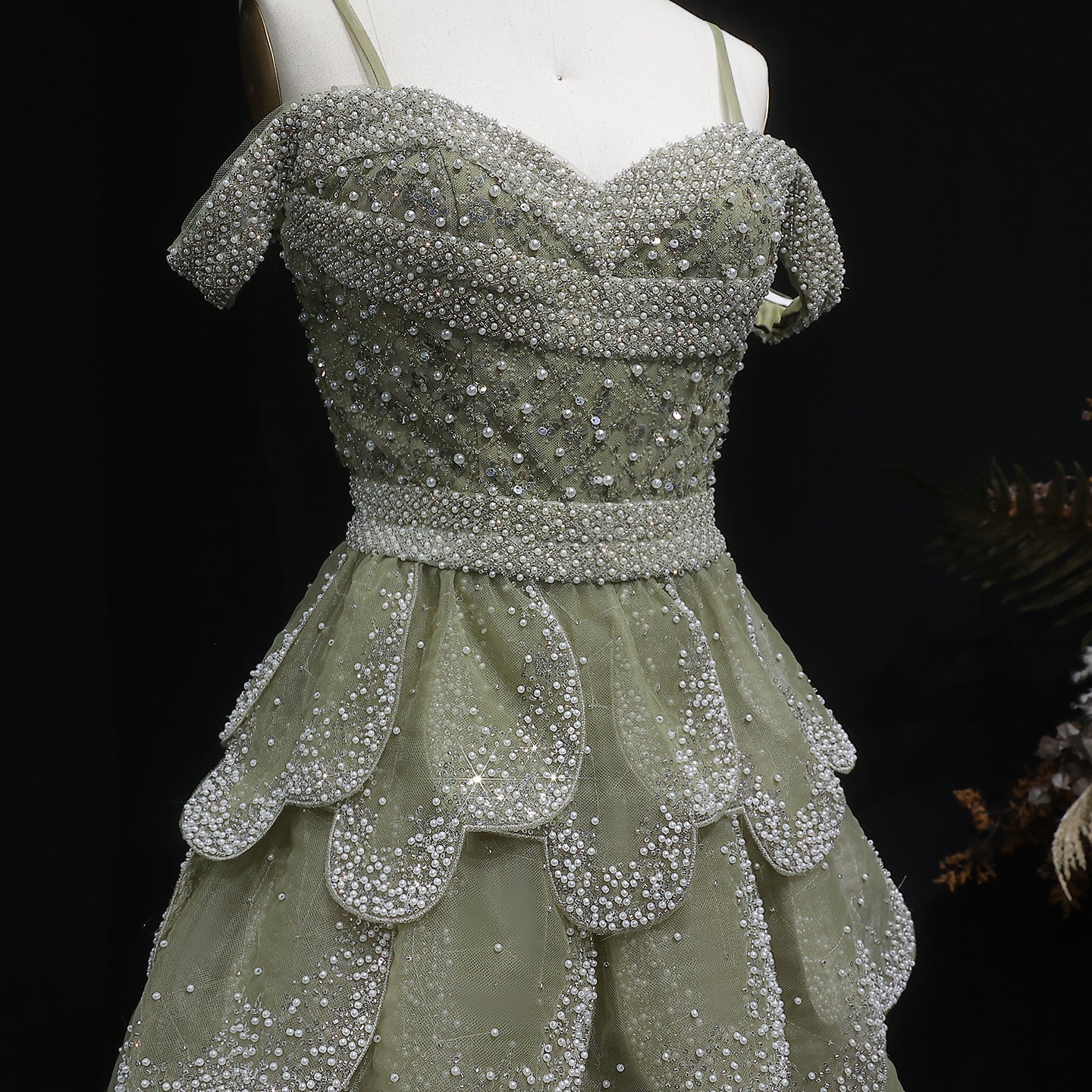Elegant Green Layered Ruffle Beaded Evening Dress SS385