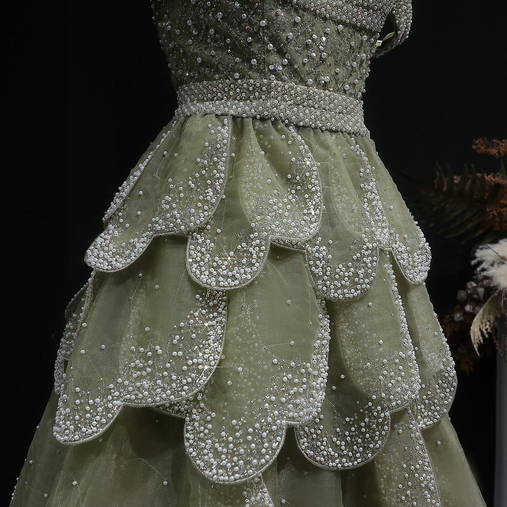 Elegant Green Layered Ruffle Beaded Evening Dress SS385