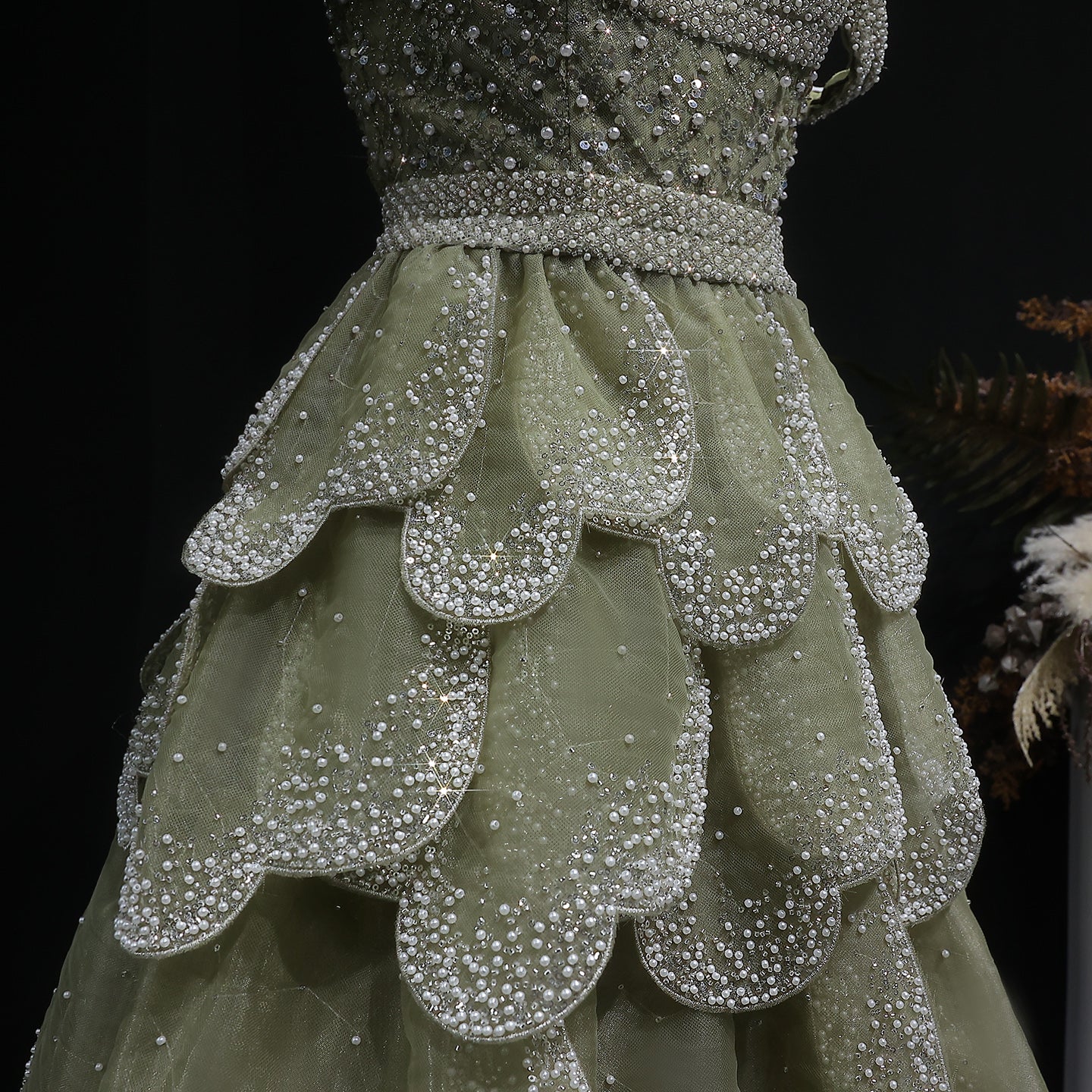 Elegant Green Layered Ruffle Beaded Evening Dress SS385