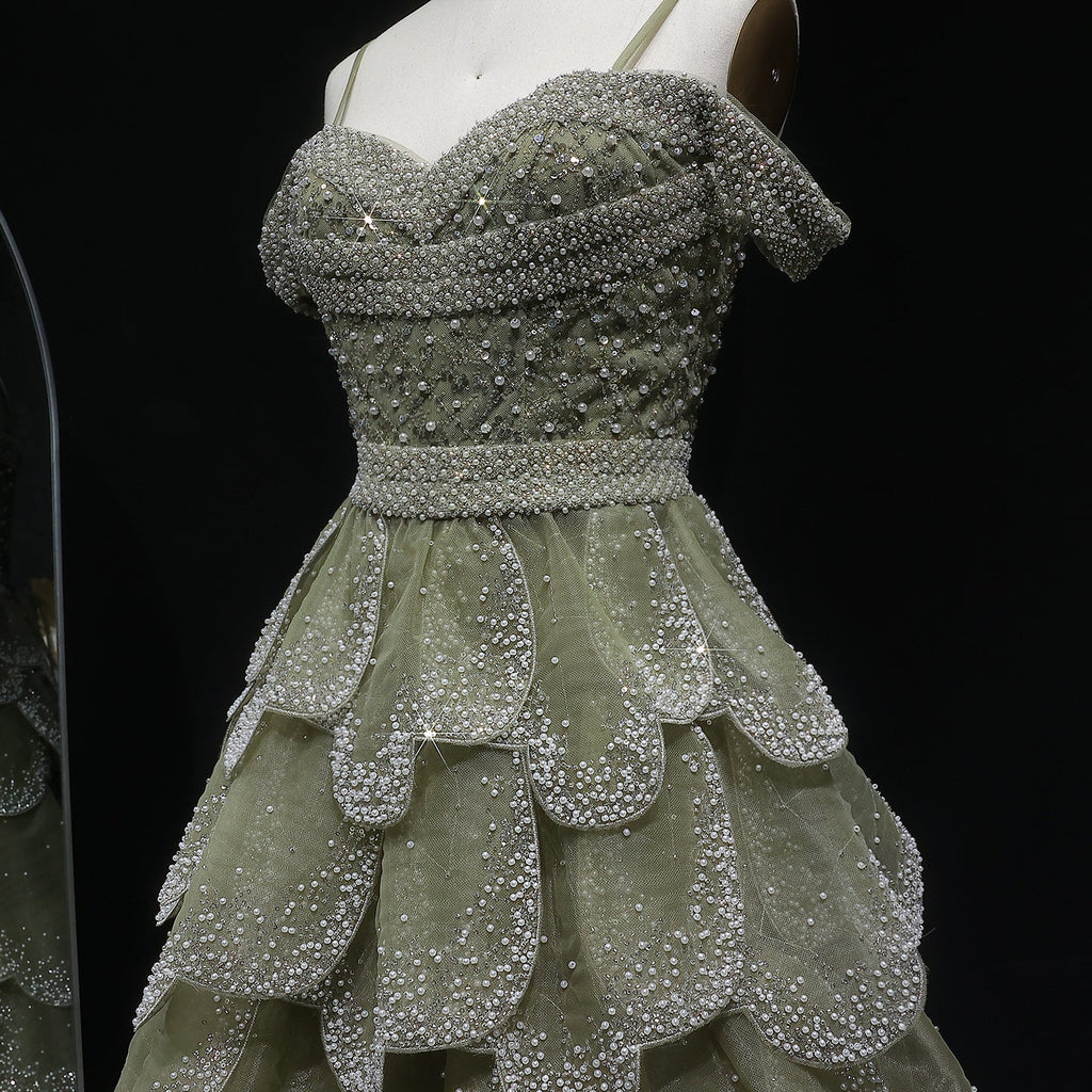 Elegant Green Layered Ruffle Beaded Evening Dress SS385