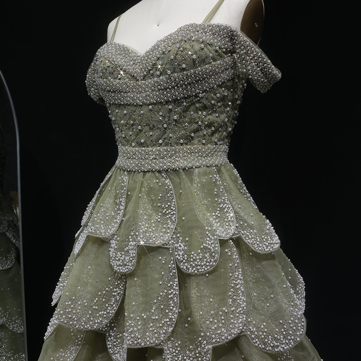 Elegant Green Layered Ruffle Beaded Evening Dress SS385