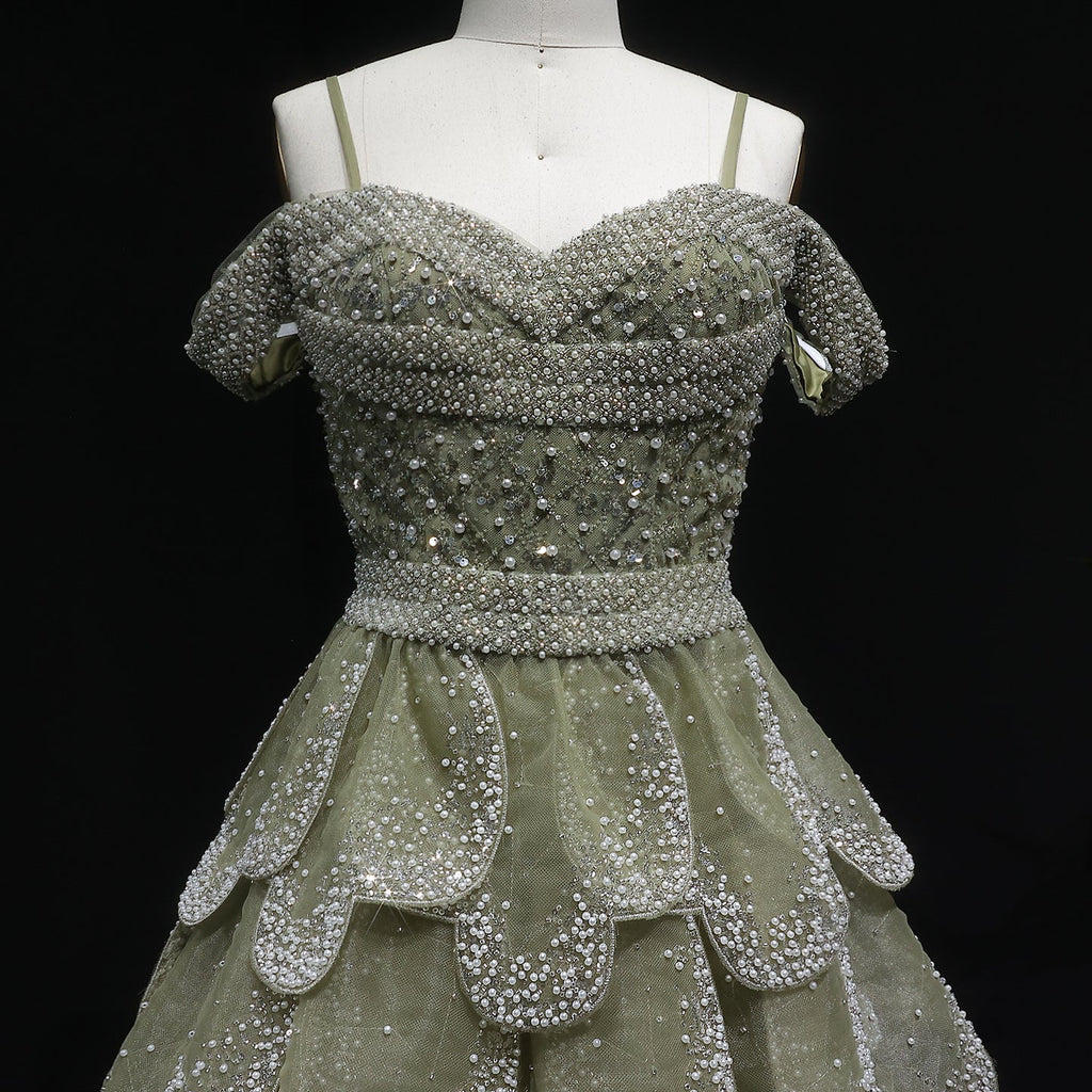 Elegant Green Layered Ruffle Beaded Evening Dress SS385