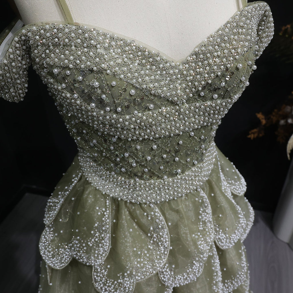 Elegant Green Layered Ruffle Beaded Evening Dress SS385