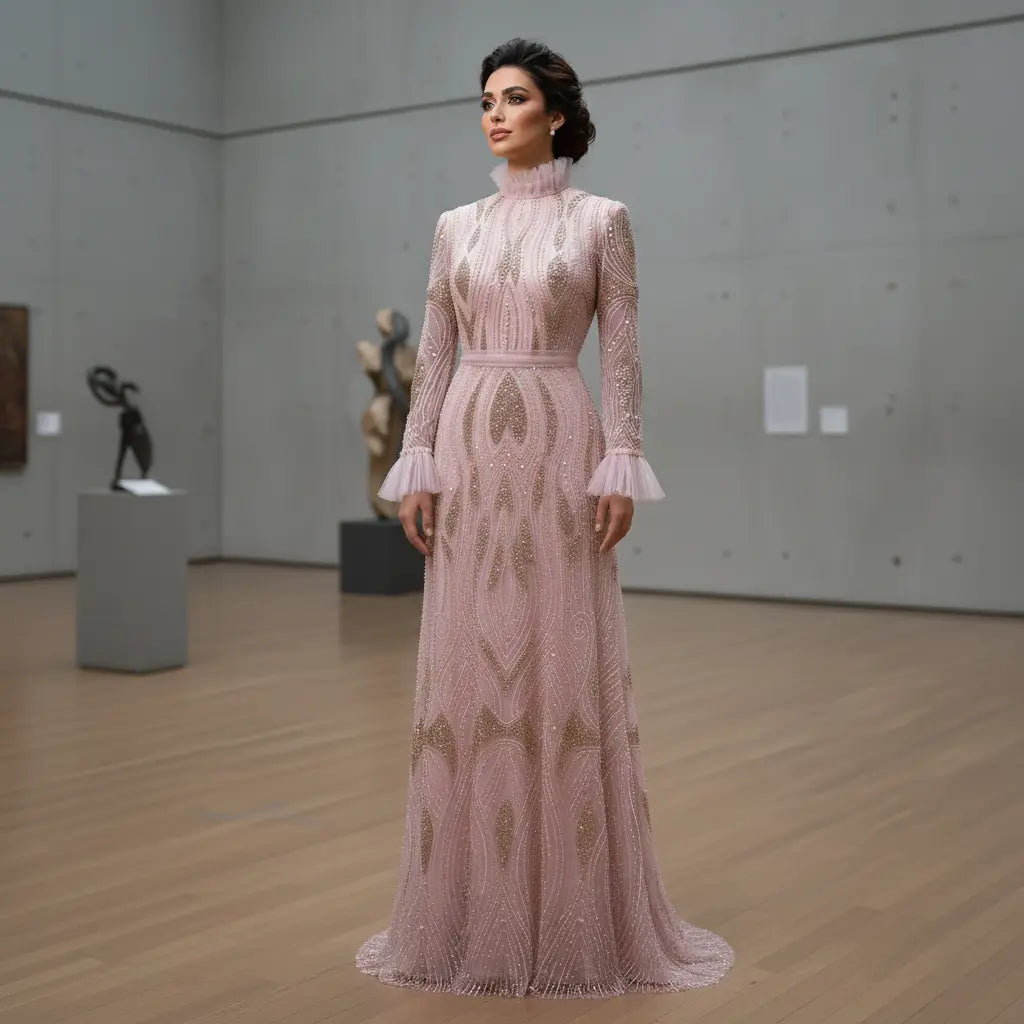 Luxury High-Neck Pink Beaded Embroidered Evening Dress with Belt SS386