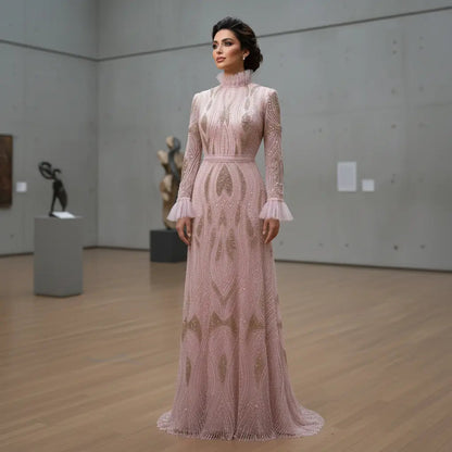Luxury High-Neck Pink Beaded Embroidered Evening Dress with Belt SS386