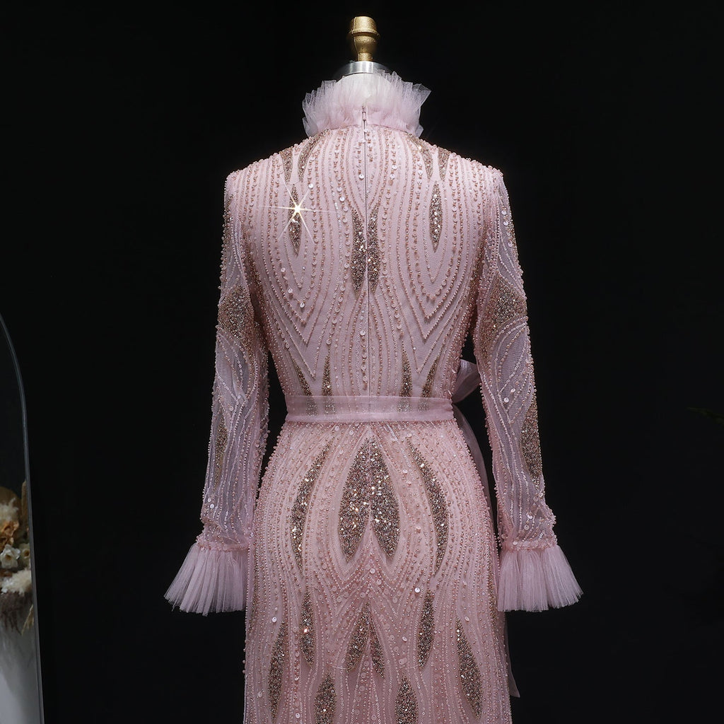 Elegant Pink High-Neck Beaded Embroidered Evening Dress with Belt SS386