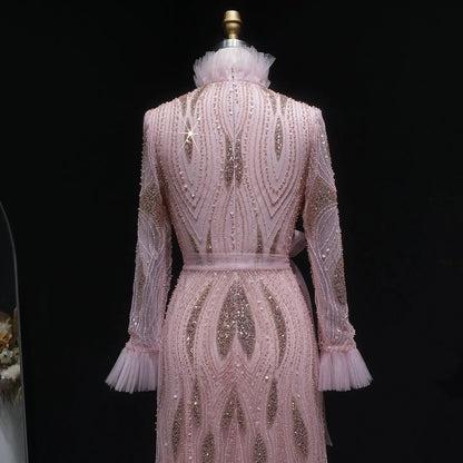 Luxury High-Neck Pink Beaded Embroidered Evening Dress with Belt SS386