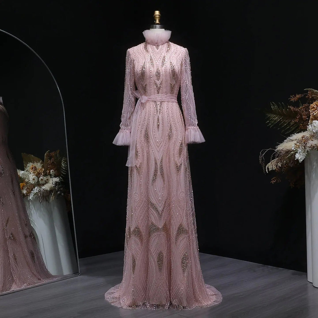 Luxury High-Neck Pink Beaded Embroidered Evening Dress with Belt SS386