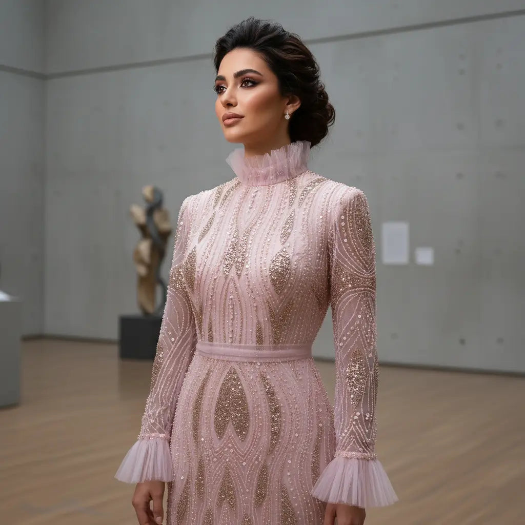 Luxury High-Neck Pink Beaded Embroidered Evening Dress with Belt SS386