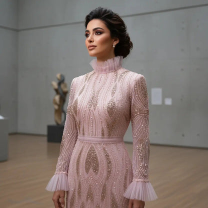 Luxury High-Neck Pink Beaded Embroidered Evening Dress with Belt SS386
