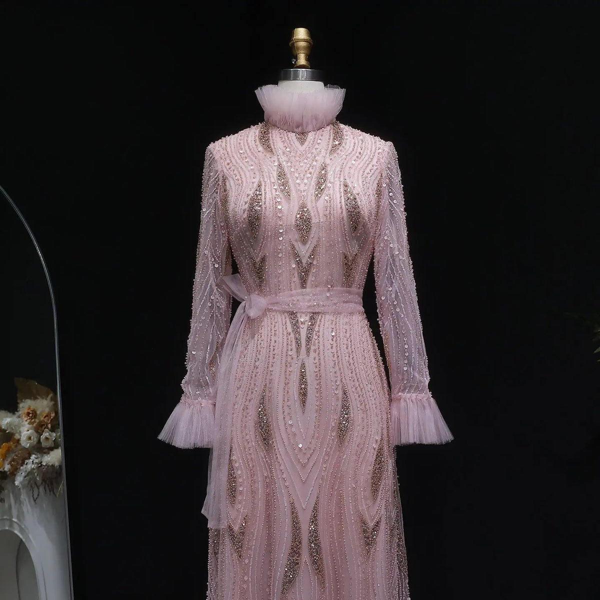 Luxury High-Neck Pink Beaded Embroidered Evening Dress with Belt SS386