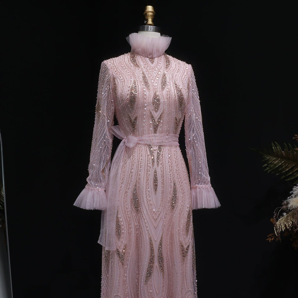 Elegant Pink High-Neck Beaded Embroidered Evening Dress with Belt SS386