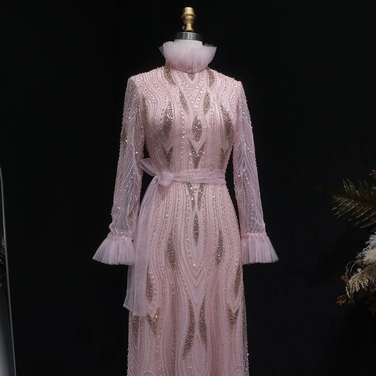 Luxury High-Neck Pink Beaded Embroidered Evening Dress with Belt SS386