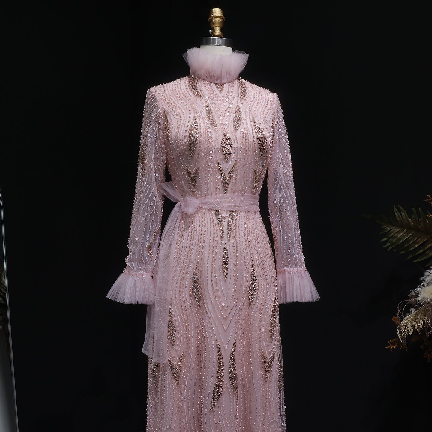 Elegant Pink High-Neck Beaded Embroidered Evening Dress with Belt SS386