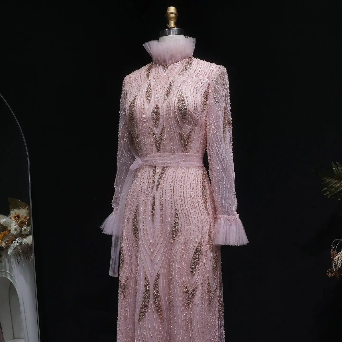 Luxury High-Neck Pink Beaded Embroidered Evening Dress with Belt SS386