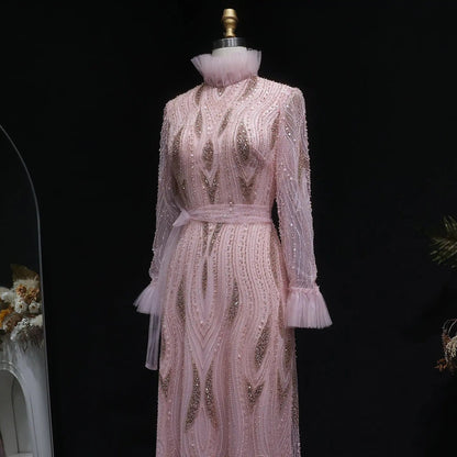 Luxury High-Neck Pink Beaded Embroidered Evening Dress with Belt SS386