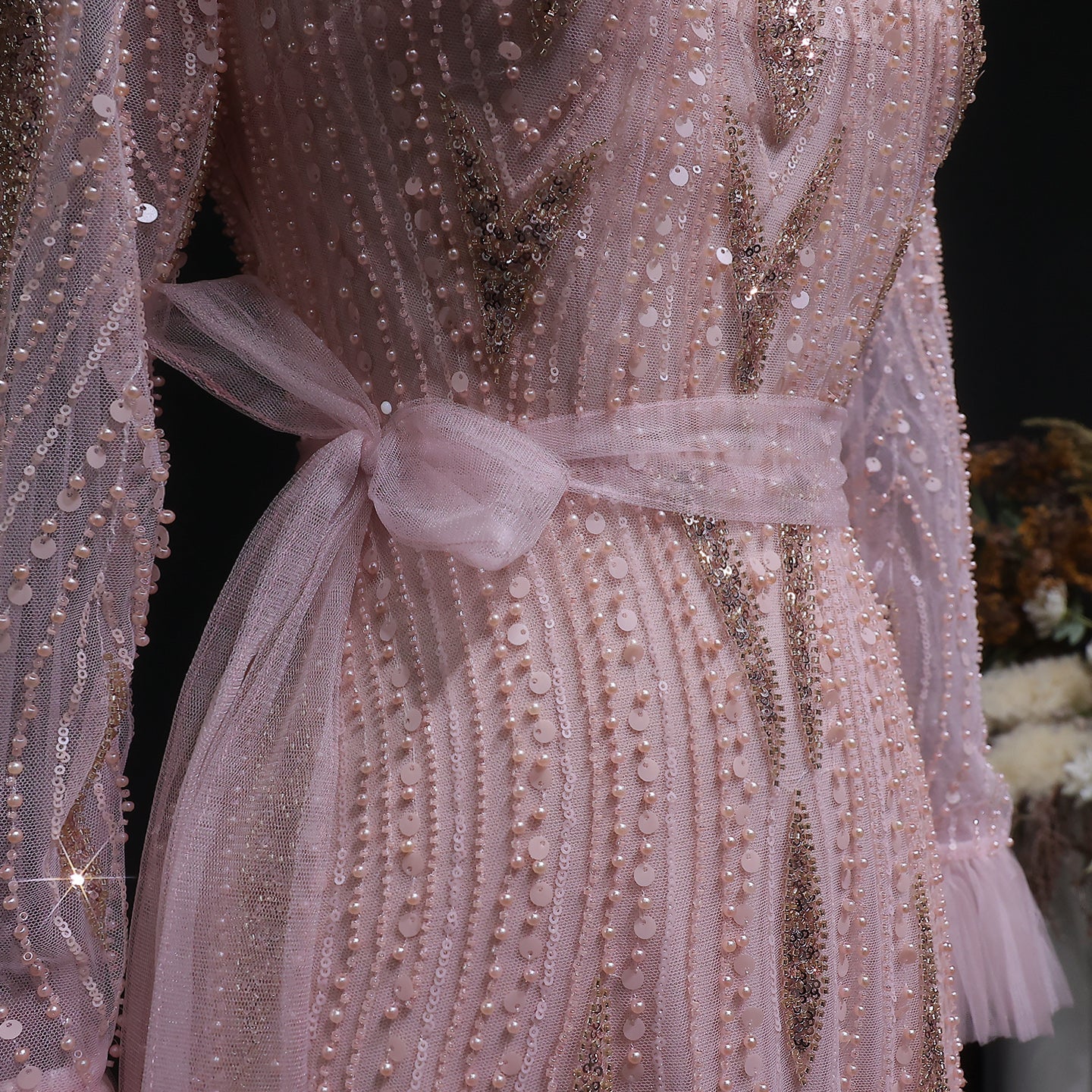 Elegant Pink High-Neck Beaded Embroidered Evening Dress with Belt SS386