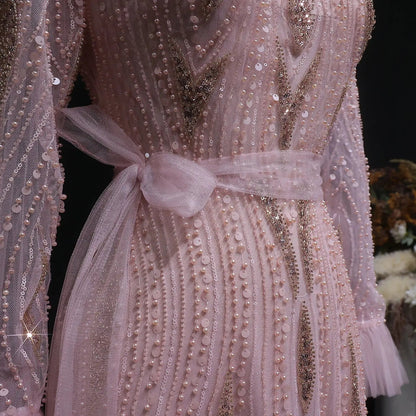 Luxury High-Neck Pink Beaded Embroidered Evening Dress with Belt SS386