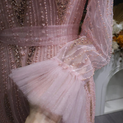 Luxury High-Neck Pink Beaded Embroidered Evening Dress with Belt SS386