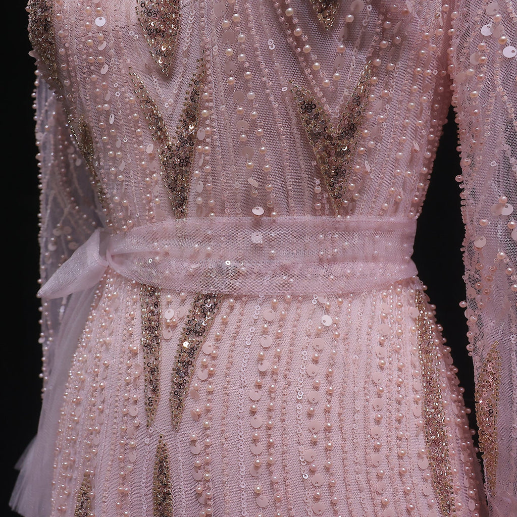 Elegant Pink High-Neck Beaded Embroidered Evening Dress with Belt SS386