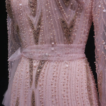 Luxury High-Neck Pink Beaded Embroidered Evening Dress with Belt SS386