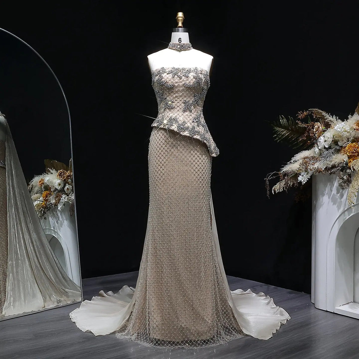 Luxury Champagne Strapless Beaded Evening Dress with Cap SS394