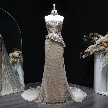 Luxury Champagne Strapless Beaded Evening Dress with Cap SS394