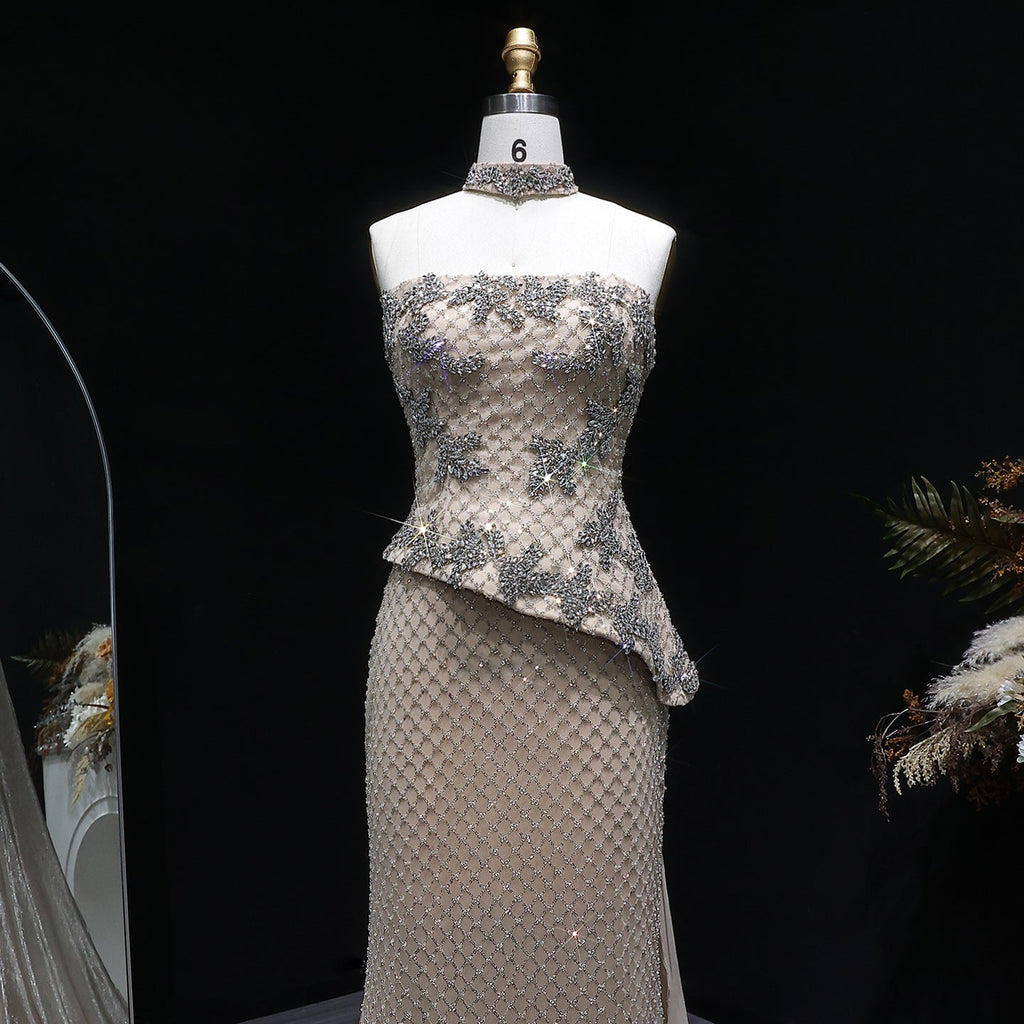 Luxury Champagne Beaded Strapless Evening Dress with Cape SS394