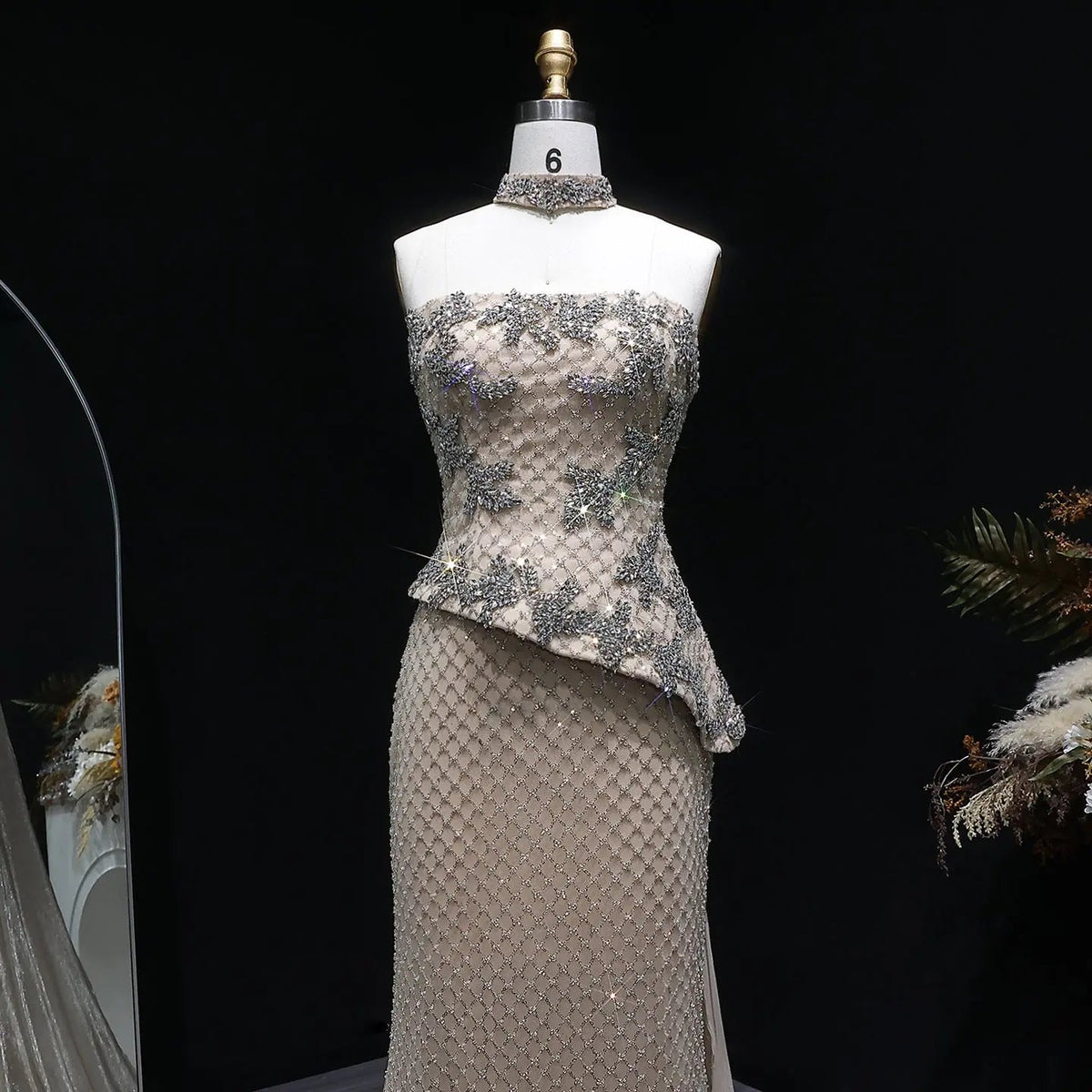 Luxury Champagne Strapless Beaded Evening Dress with Cap SS394