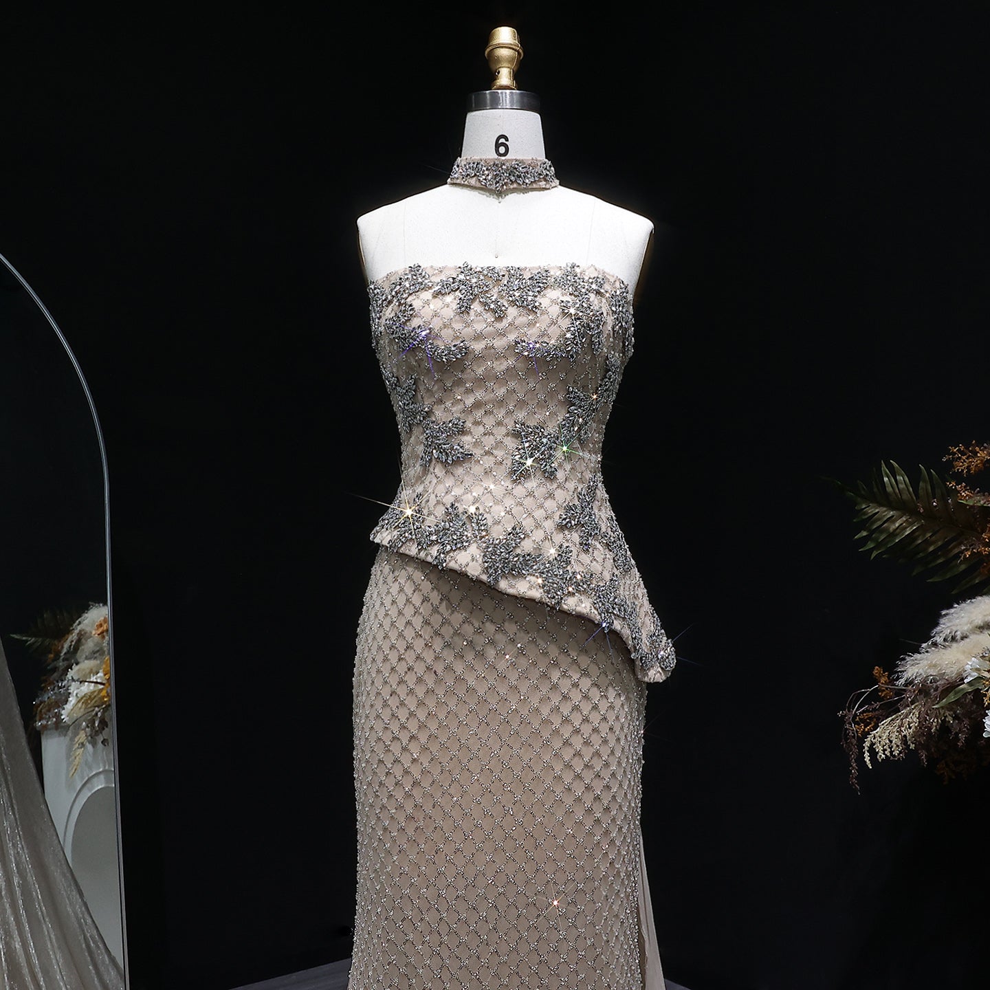 Luxury Champagne Beaded Strapless Evening Dress with Cape SS394
