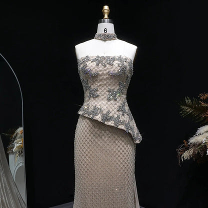 Luxury Champagne Strapless Beaded Evening Dress with Cap SS394
