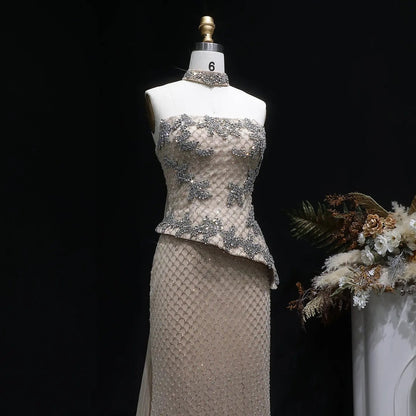 Luxury Champagne Strapless Beaded Evening Dress with Cap SS394