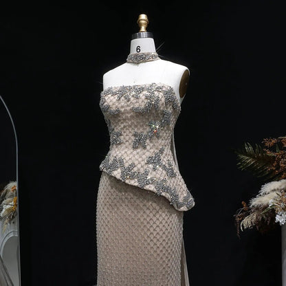 Luxury Champagne Strapless Beaded Evening Dress with Cap SS394