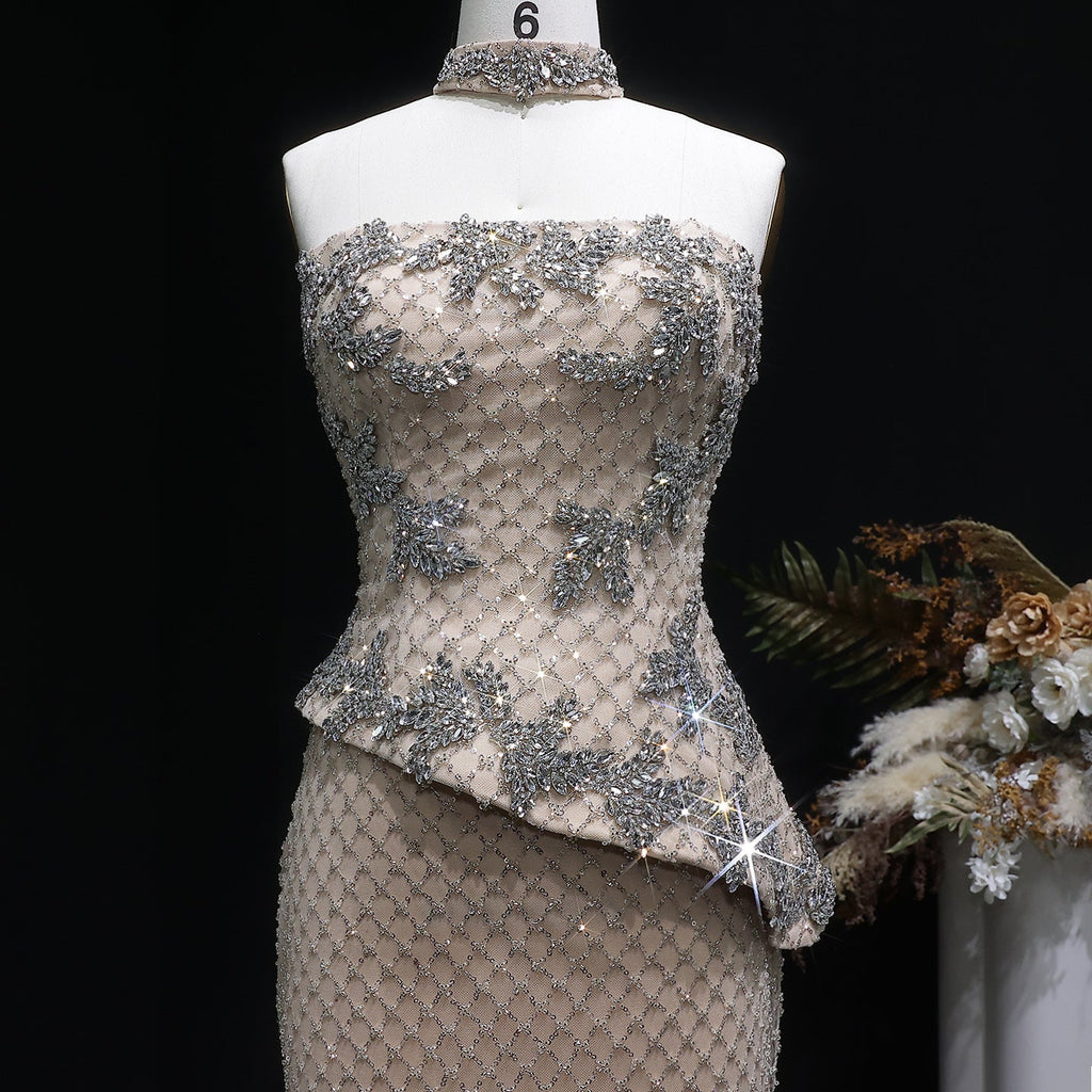 Luxury Champagne Beaded Strapless Evening Dress with Cape SS394