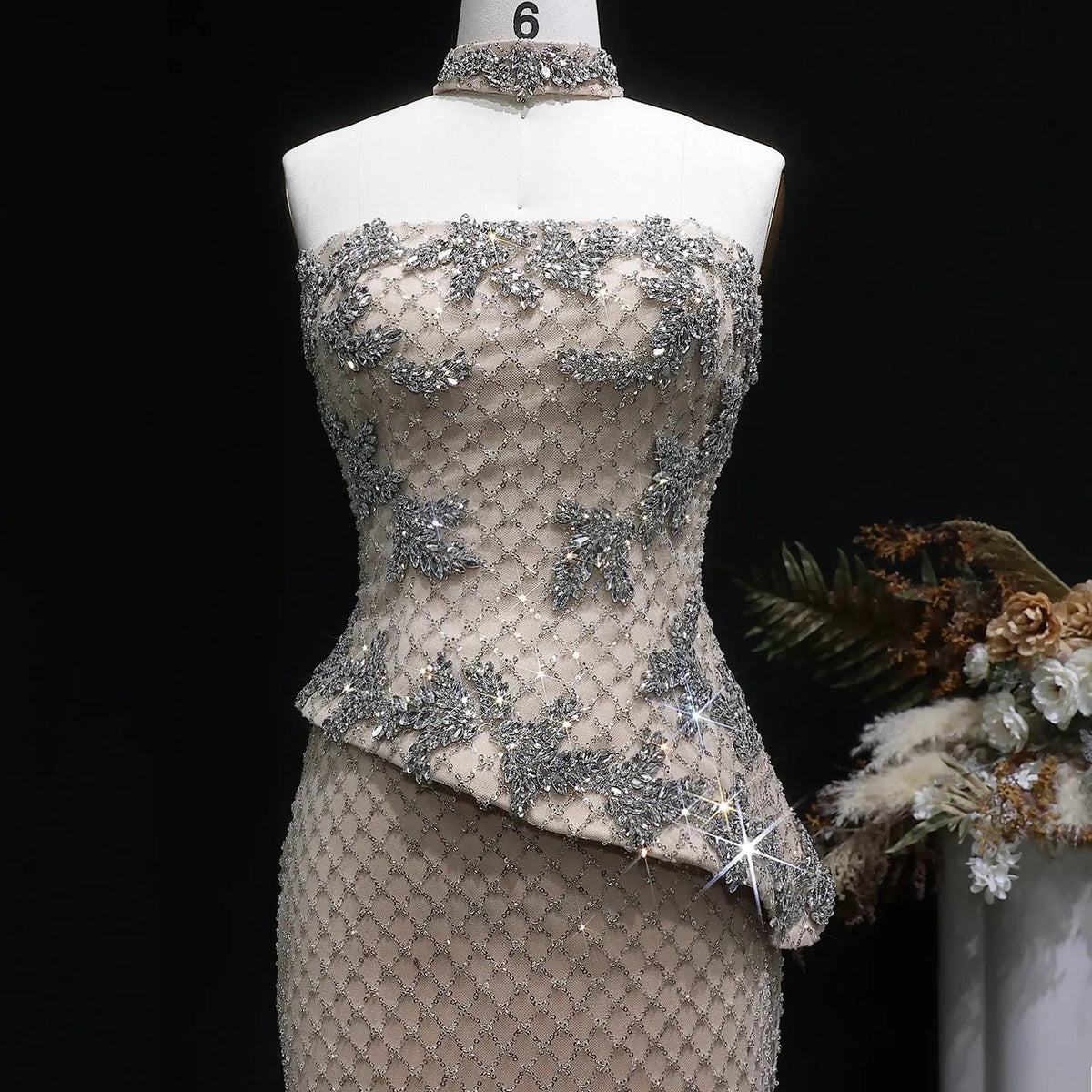 Luxury Champagne Strapless Beaded Evening Dress with Cap SS394