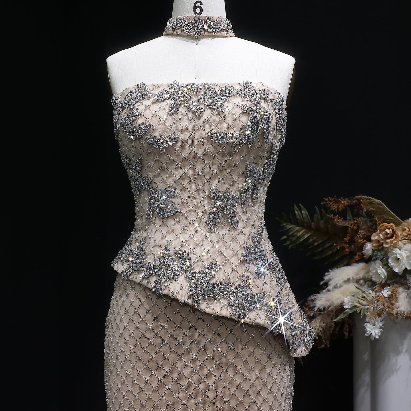 Luxury Champagne Beaded Strapless Evening Dress with Cape SS394