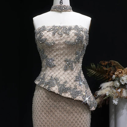 Luxury Champagne Strapless Beaded Evening Dress with Cap SS394
