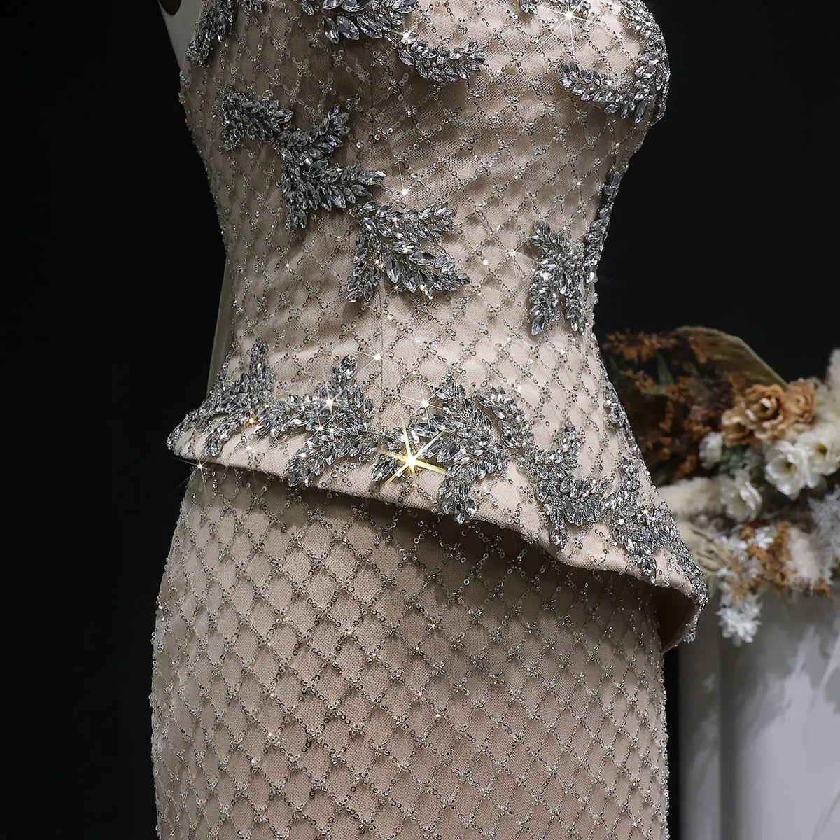 Luxury Champagne Strapless Beaded Evening Dress with Cap SS394