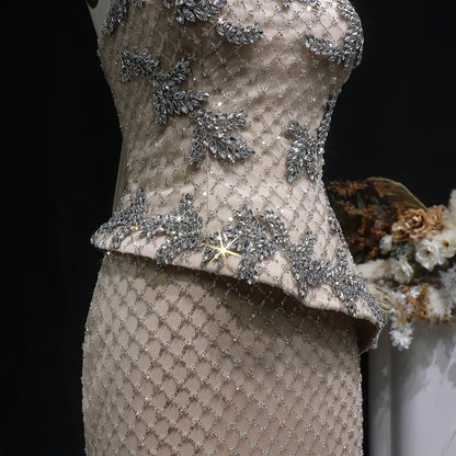 Luxury Champagne Strapless Beaded Evening Dress with Cap SS394